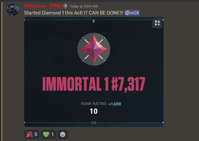 Discord message celebrating an Immortal 1 rank-up card