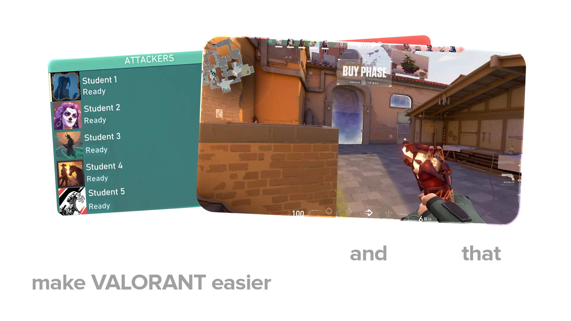 Collage of a Valorant class lobby, buy phase, and live gameplay