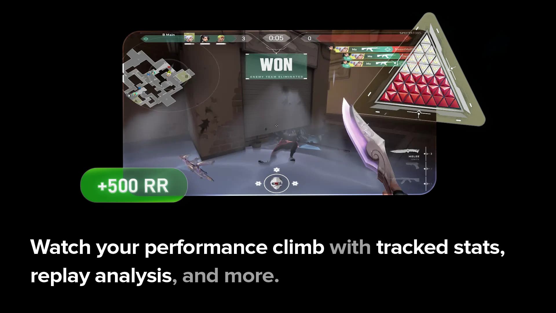 Match victory screen with a +500 RR badge