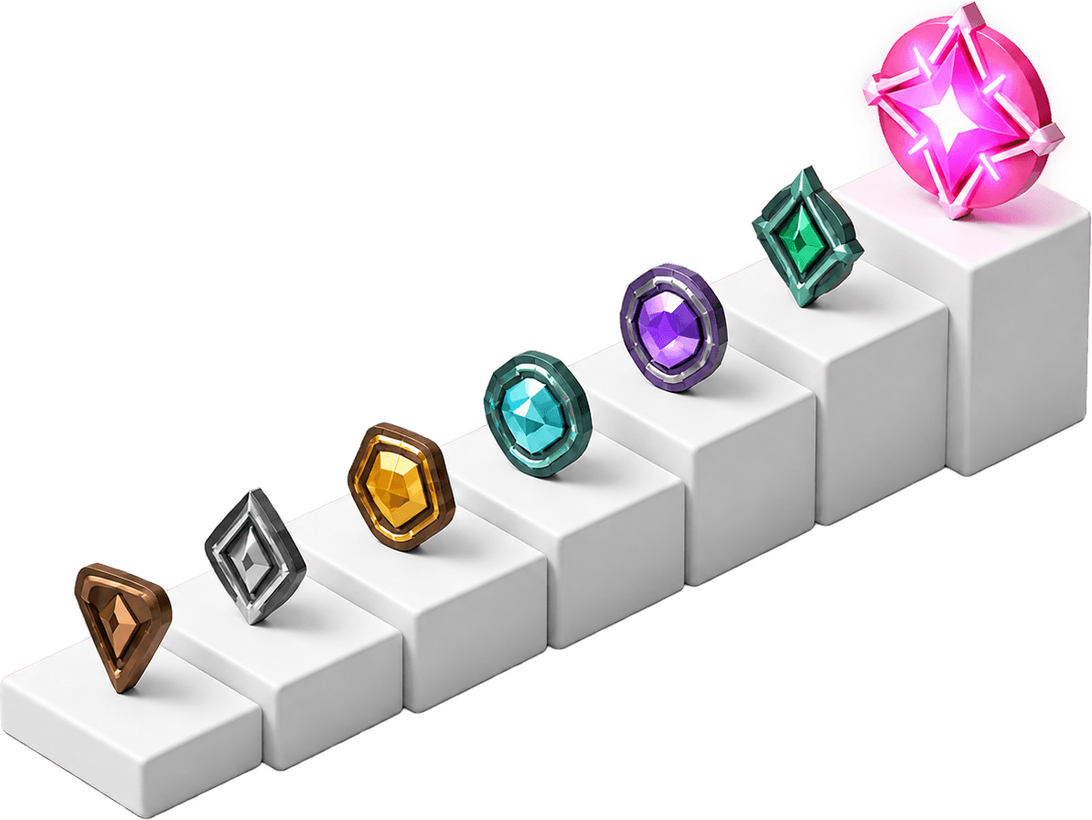 Rank gems climbing a staircase from Bronze up to a glowing Radiant star