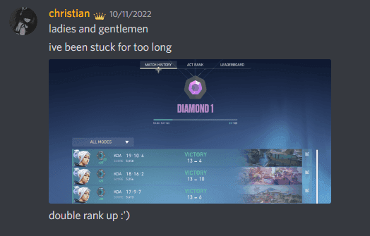 Discord screenshot celebrating a double rank up into Diamond 1