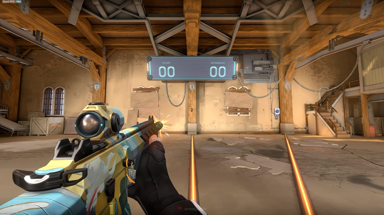 First-person view of the Galleria Warden firing in the VALORANT Practice Range
