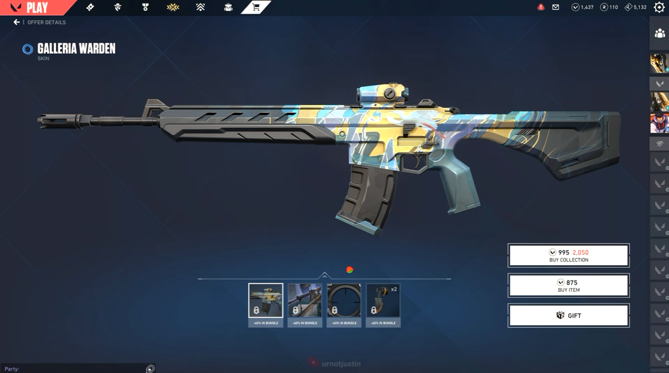 Galleria Warden weapon preview with a blue, cream and gold finish